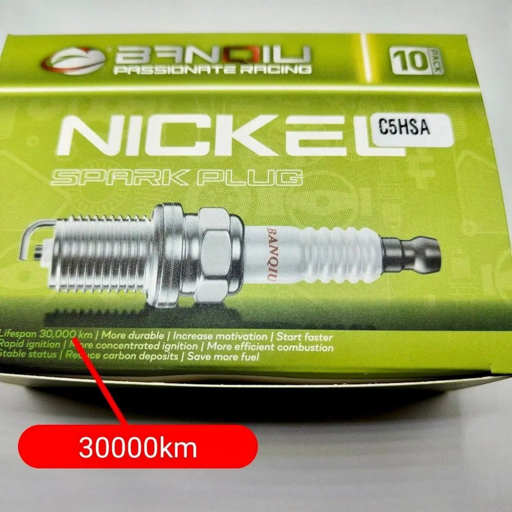 BANQIU Cambodia Co.,Ltd. C5HSA 镍合金火花塞，适用于四冲程摩托车及小型汽油发动机，包装盒展示30000公里寿命