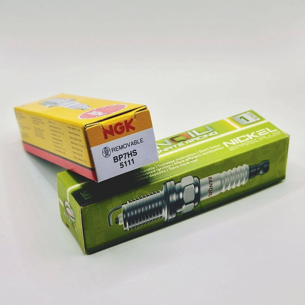BANQIU Cambodia Co.,Ltd. 高性能火花塞，包含 BP7HS 短螺纹型号及包装盒，适用于各类汽油发动机。